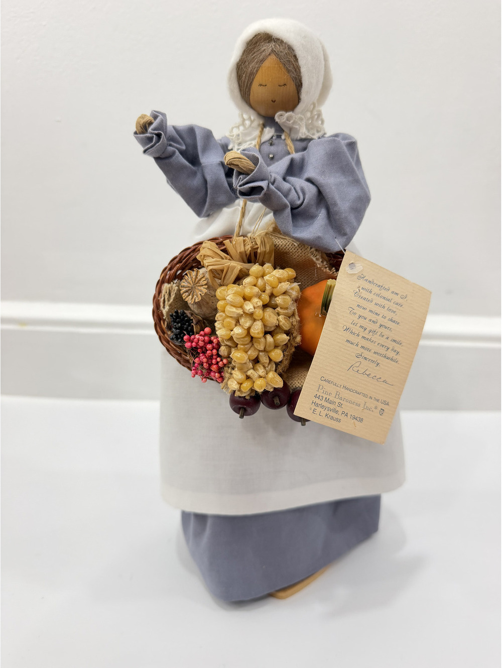 Wooden Country Pilgrim Thanksgiving Figure Handmade purple Dress Farmhouse
